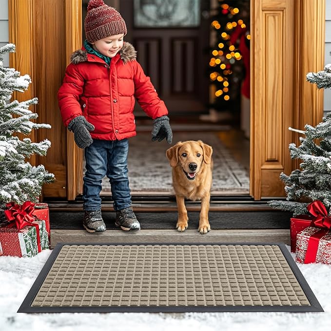 Smiry Front Door Mat Outside Entrance, Heavy Duty Natural Rubber Doormat, Non Slip, Trap Dirt and Moisture, Easy Clean, Low Profile Welcome Floor Mats for Indoor Outdoor Entry, 29.5x17 Inch, Beige