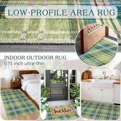 Buffalo Outdoor Rug - 28" x 43" Front Door Mat Indoor Outside Entrance Non-Slip Washable Outdoor Mat Green Teal Plaid Tartan Rug for Entryway Kitchen Bedroom Layered Doormat for Front Porch