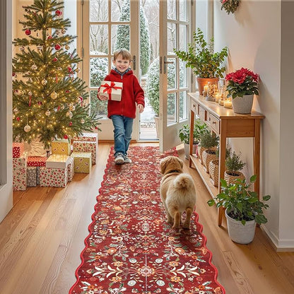 Yamaziot Christmas Runner Rug 2x8 – Red Floral Washable Non-Slip Carpet Runner Christmas Holiday Decor, Soft Low Pile Christmas Rug for Hallway, Kitchen, Entryway