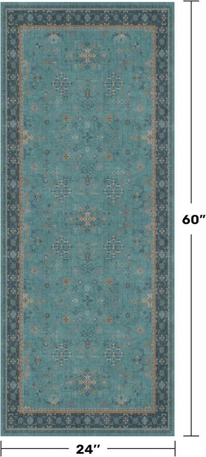 Teal Boho 2x5 Non Slip Small Kitchen Rug Runner - Washable Low Pile & Soft Carpet for Bathroom, Bedroom Beside Bed, Non Skid Floral Vintage Rugs for Laundry Room, Entryway