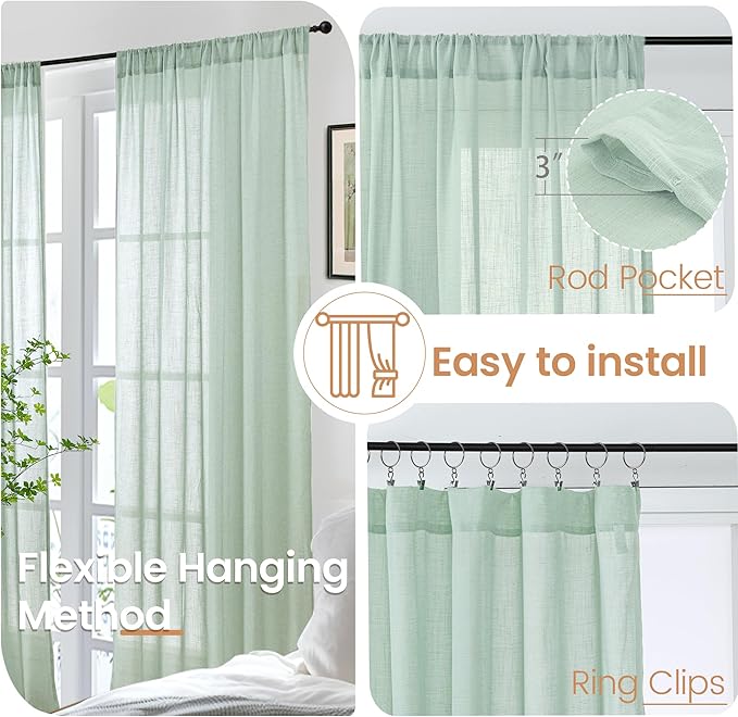 BGment Sage Green Linen Curtains 40 Inch Length for Short Kitchen Cafe Windows - Small Drapes Lightweight Country Boho Rustic Decor for Office Over Sink Rod Pocket, 2 Panels Set, 30 X 40 Inch