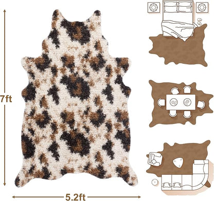 Faux Fur Cowhide Rug: Fluffy Cow Print 5.2x7 Feet Washable Cow Hide Rug for Living Room Bedroom Animal Print Skin Rustic Western Décor Black and Brown