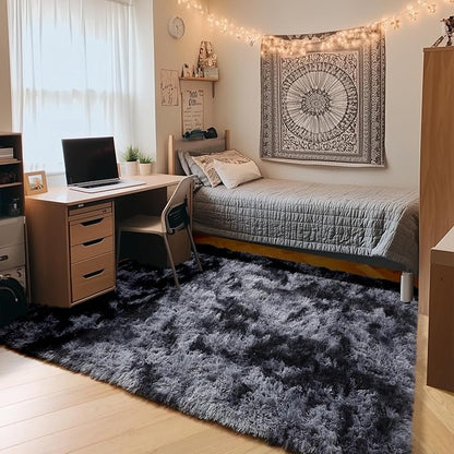 ONASAR Area Rugs for Bedroom Living Room, Fluffy Tie-Dyed Dark Grey 4x6 Indoor Bedside Floor Throw Rug, Soft Plush Shaggy Carpet for Nursery Kids Girls Boys Teen Dorm Home Office Decor
