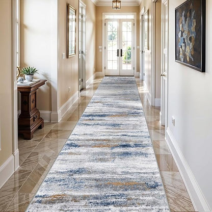 2'6''x10' Washable Runner Rugs for Hallway: Easy-to-Clean Abstract Runners for Entryway Bedroom - Stain and Water Resistant Rugs with Non-Slip Backing - Soft Low-Pile Carpet Navy Grey