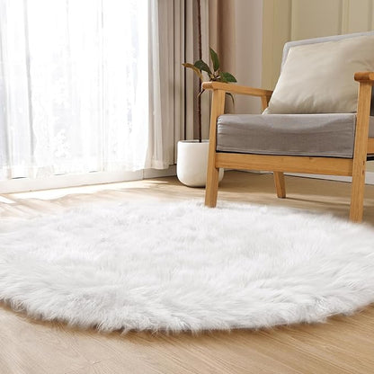 ORINOVA White Fluffy Faux Fur Rugs for Bedroom Sheepskin Machine Washable Shag Area Rugs for Living Room Small Circle Boho Round Rug 3ft