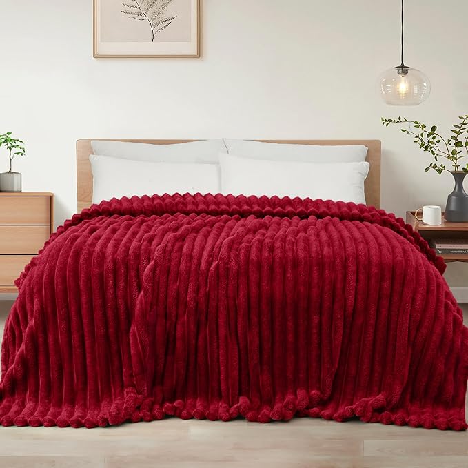 Exclusivo Mezcla King Size Flannel Fleece Blanket, Super Soft Striped Jacquard Bed Blanket, Lightweight Fuzzy Cozy for All Seasons, 90x104 Inches, Deep Red
