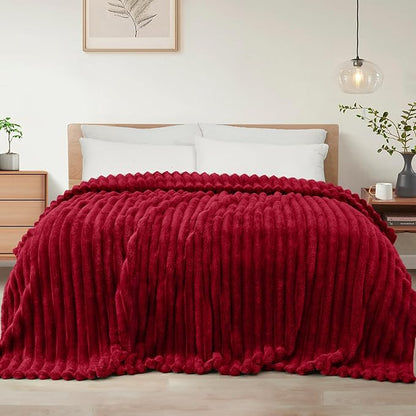 Exclusivo Mezcla King Size Flannel Fleece Blanket, Super Soft Striped Jacquard Bed Blanket, Lightweight Fuzzy Cozy for All Seasons, 90x104 Inches, Deep Red