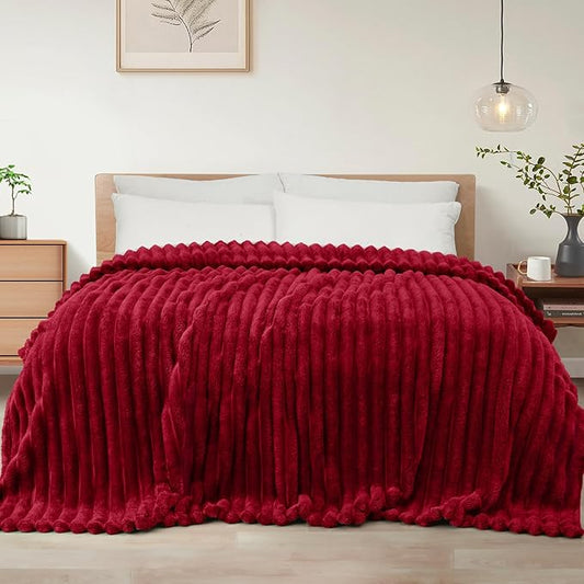 Exclusivo Mezcla King Size Flannel Fleece Blanket, Super Soft Striped Jacquard Bed Blanket, Lightweight Fuzzy Cozy for All Seasons, 90x104 Inches, Deep Red