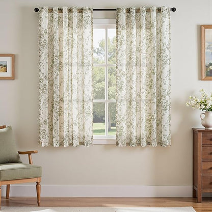 jinchan Linen Blend Floral Curtains for Living Room 63 Inch Length Farmhouse Printed Curtain Rod Pocket Back Tab Sage Green Peony Flower Patterned Drapes Bedroom Curtains Set 2 Panels