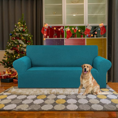 KEKUOU Stretch Loveseat Sofa Cover Slipcover,Couch Covers for 2 Cushion Couch Sofa (55"-78") Furniture Protector Sofa with Elastic Bottom for Kids,Dog. Jacquard Small Checked (Medium,Peacock Blue)
