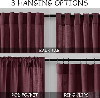 Nanspring Burgundy Linen Curtains Semi Sheer 96 Inches Long 2 Panels Set for Living Room Back Tab Rod Pocket Light Filtering Drape for Bedroom Modern Farmhouse Coastal Decor Protect Privacy 52x96