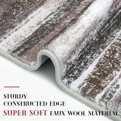 Lansny Modern Abstract Bedroom Runner Rug 2x7, Dark Light Brown White Washable Kitchen Runner, Non-Slip Soft Thin Faux Wool Mat for Entryway, Hallway, Laundry Room, Indoor Home Decor