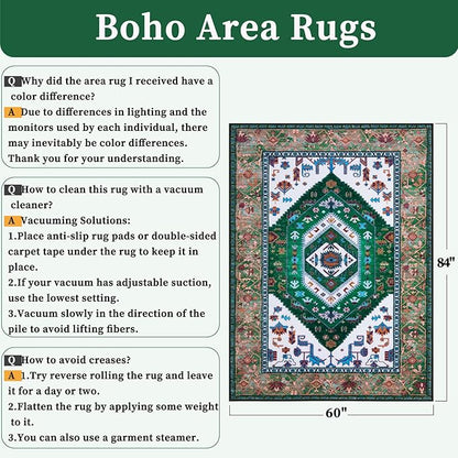 SERISSA 5x7 Boho Area Rug, Washable Non-Slip Rugs for Living Room, Large Green White Rug Ultra Soft Vintage Oriental Print Distressed Carpet for Bedroom Dining Room Dorm Office Home Decor