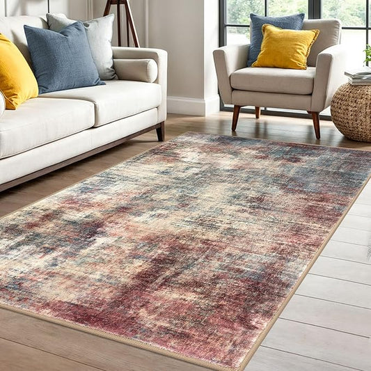 IOHOUZE Abstract Area Rug 4x6 Ft Washable Rugs for Entryway Indoor, Non Slip Small Living Room Rugs Printed Faux Wool Throw Rug, Floor Carpet for Kitchen Nursery Playroom, Red/Multi