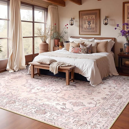 RELEANY Area Rugs 10'x14' Washable Non-Slip, Floral Vintage Distress Print Pattern Medallion Carpet for Living Room Bedroom Dining Room, Pink Greypink Cute