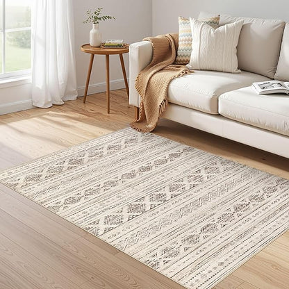 Nakagishi Area Rug Living Room Rugs: 4x6 Soft Machine Washable Boho Neutral Farmhouse Stain Resistant Moroccan Indoor Floor Carpet for Bedroom Nursery Kids Entryway Kitchen Bedside Home- Dark Brown