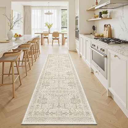 2x6 Hallway Washable Runner Rug - Soft Non Slip Vintage Rugs for Entryway Low-Pile Farmhouse Neutral Kitchen Runners Living Room Floor Mat Stain Resistant Distressed Carpet for Bedroom Bathroom Beige