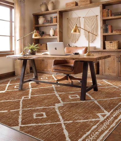 YIHOUSE Western Rugs for Living Room, 8x10 Moroccan Area Rug, Aztec Burnt Orange Large Rug, Southwestern Soft Low-Pile Washable Rugs for Bedroom, Dining Room