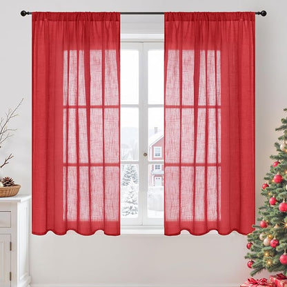 BGment Red Linen Curtains 54 Inch Length for Bedroom Window, Semi Sheer Drapes Lightweight Rustic Textured for Living Room Farmhouse with Rod Pocket, 2 Panels Set, Each 42 Inch Wide