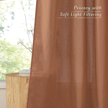 NICETOWN Linen Caramel Curtains 96 inches Long for Living Room, Grommet Thick Flax Linen Privacy Added with Light Filtering Window Treatments for Bedroom, W55 x L96, 2 Panels