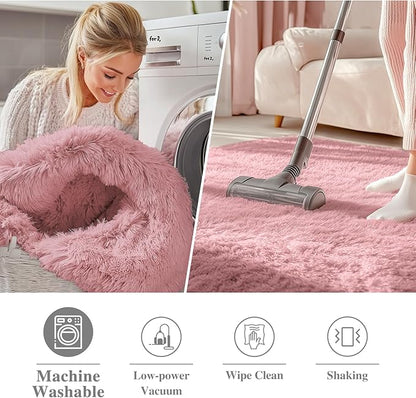 OLANLY Pale Pink Round Rugs for Bedroom - Machine Washable, 4 ft Circle Area Rugs for Living Room, Soft and Fluffy Shaggy Carpet for Teen Girls and Boys, Nursery Rooms, Dorms, Home Decor Aesthetic