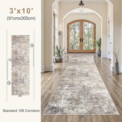 UERMEI 3X10 Washable Runner Rug for Hallway: Soft Neutral Modern Abstract Area Rug - Non-Slip Low Pile Long Throw Indoor Carpet for Kitchen Entryway Kitchen Bedroom Laundry- Brown Grey