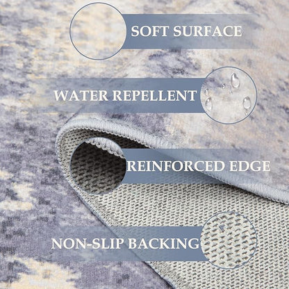 Washable Area Rugs 6'x8' Non-Slip Modern Abstract Soft for Living Room Entryway Bedroom Nursery, Print Pattern, Purple Grey Cream Yellow