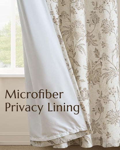 jinchan Lined Linen Floral Curtains for Living Room, 96 Inch Length Printed Flower Farmhouse Patterned French Country Back Tab Taupe Window Drapes Set Privacy Bedroom Curtains, 2 Panels