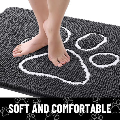 Smiry Dog Door Mat for Muddy Paws, Absorbent Dirt Trapper Non Slip Quick Dry Washable Chenille Mat for Mud Dogs, Entry Rug for Indoor and Outdoor (47x32 Inches, Dark Grey and White)