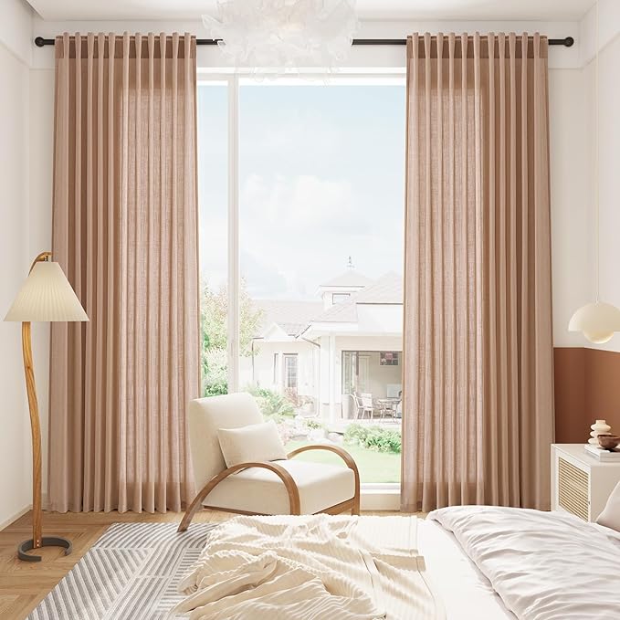 Nanspring Peach Linen Curtains 102 Inches Long Rod Pocket Back Tab Drapes 2 Panels Set for Girl Kids Bedroom Light Filtering Semi Sheer Peach Curtain 102 Length for Patio Door Bedroom 52x102