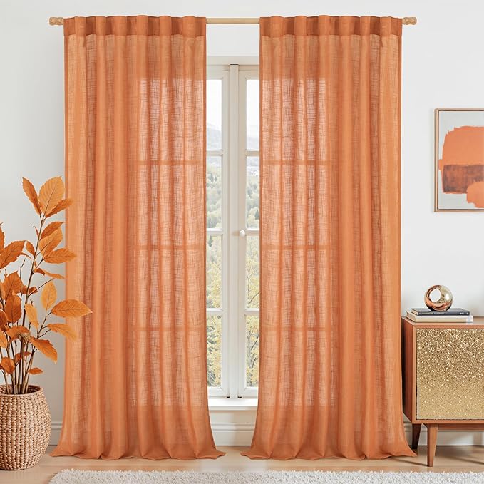 LAMIT 102 Inches Long Linen Curtains for Living Room, Back Tab and Rod Pocket Semi Sheer Curtains Light Filtering Farmhouse Drapes for Bedroom/Dining Room, Burnt Orange, Set of 2, 52 x 102 Inch