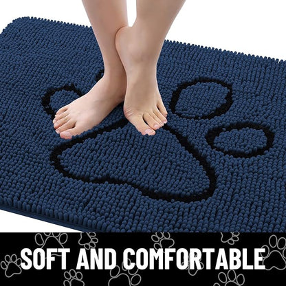 Smiry Dog Door Mat for Muddy Paws, Absorbent Dirt Trapper Non Slip Quick Dry Washable Chenille Mat for Mud Dogs, Entry Rug for Indoor and Outdoor (48x30 Inches, Dark Blue and Black)