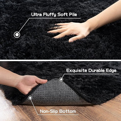 Pionblank 8x10 Rug for Living Room, Fuzzy Plush Large Area Rug, Fluffy Modern Shag Non Slip Soft Furry Carpet for Bedroom Kids Room Nursery Teens Dorm Home Decor, Black