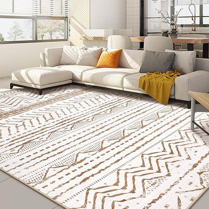 Nakagishi 7x9 Area Rugs Living Room: Washable Boho Large Neutral Soft Farmhouse Rug Stain Resistant Modern Indoor Floor Non-Slip Carpet for Bedroom Nursery Playroom Office Dining Dorm- White Brown