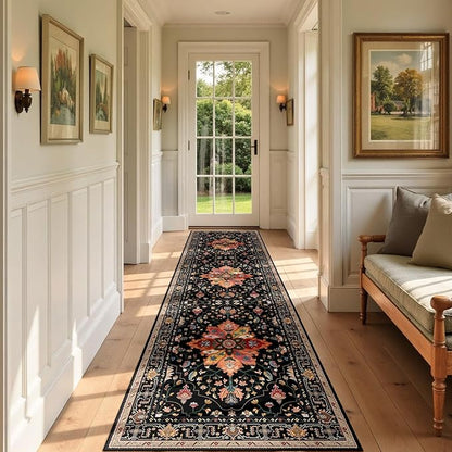 Area Rugs 3'x9' Runner Rug Non Slip Washable for Kitchen Hallway Bedroom Beside Laundry Room Bathroom Rug, Floor Carpet, Black Colorful Floral Dark Tan