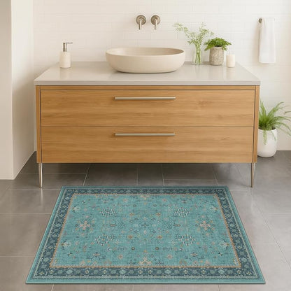 2x4 Washable Teal Throw Rugs for Entryway Indoor - Washable Non Slip Kitchen Rug, Boho Floral Small Carpet for Bathroom, Powder Room, Non Slip Low Pile Stain & Fade Resistant Indoor Décor