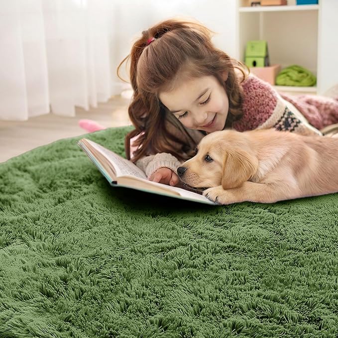 OLANLY Green Round Rugs for Bedroom - Machine Washable, 4 ft Circle Area Rugs for Living Room, Soft and Fluffy Shaggy Carpet for Teen Girl and Boys, Nursery Rooms, Dorms, Home Decor Aesthetic
