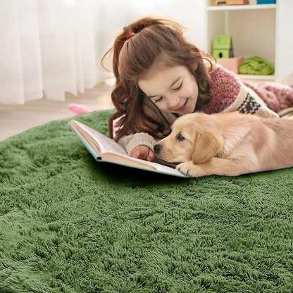 OLANLY Green Round Rugs for Bedroom - Machine Washable, 4 ft Circle Area Rugs for Living Room, Soft and Fluffy Shaggy Carpet for Teen Girl and Boys, Nursery Rooms, Dorms, Home Decor Aesthetic