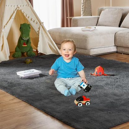 Cozy Shag Area Rug for Living Room, Anti-Skid Rectangular Indoor Floor Carpet for Kids Boys Girls Dorm Bedroom Playroom, Home Decor Aesthetic Enhancement (6x9 Feet, Solid Gray)