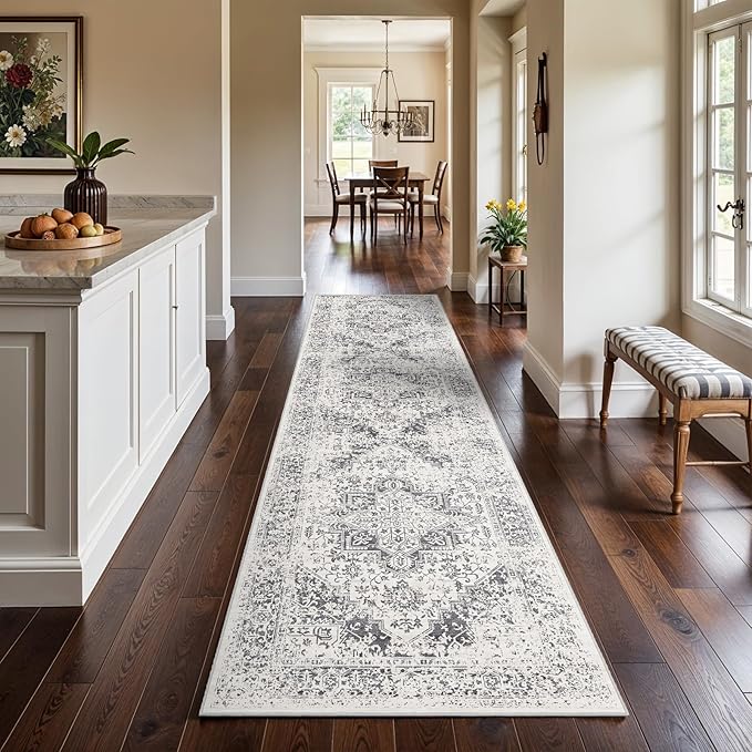3x12 Washable Hallway Runner Rug - Non Slip Kitchen Runner Rugs with Rubber Backing Vintage Low-Pile Carpet Runners for Entryway Dining Room Laundry Room Home Decor (Distessed Grey)
