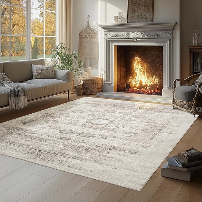 Machine Washable Rugs 8x10 Area Rugs for Living Room,Bedroom,Dining Room- Ultra Soft Low Pile Retro Rugs for Home Office,Non Slip Vintage Distressed Accent Carpet- Yellow