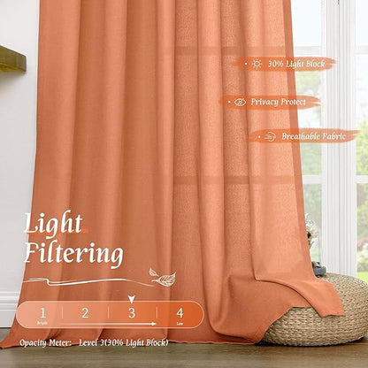 LAMIT Short Linen Curtains 45 Inches Long for Cafe 2 Panels, Terracotta Light Filtering Privacy Panels Rod Pocket Neutral Fall Decor Drapes for Bedroom/Window/Loft Room, 42 x 45 Inch