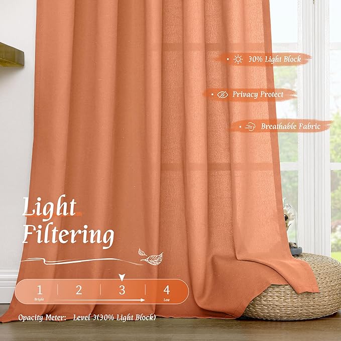 LAMIT Terracotta Linen Curtains 72 inches Long for Living Room, Soft Thick Semi Sheer Light Filtering Rod Pocket Window Treatments Fall Decor Drapes for Bedroom, 2 Panels Set, 52 x 72 Inch