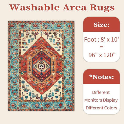 SERISSA Boho Area Rug 8x10 Orange, Washable Large Rugs for Living Room, Ultra Soft Non-Slip Bedroom Rug Print Distressed Vintage Tribal Farmhouse Carpet Rug for Dining Room Dorm Office Home Decor