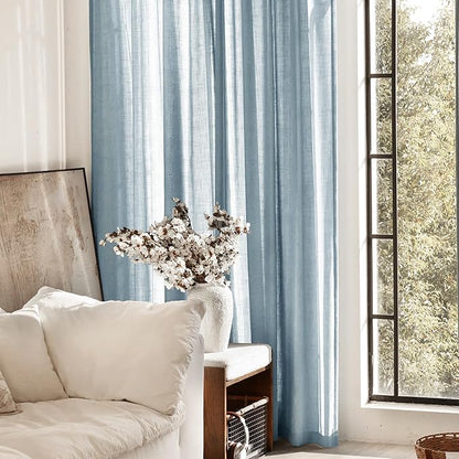 Dusty Blue Linen Curtains for Living Room Back Tab Light Filtering Semi Sheer Light Blue Bedroom Curtain Linen Cotton Textured Grey Blue Drapery Panel Airy Modern Farmhouse Aesthetic Decor 52x120 Long
