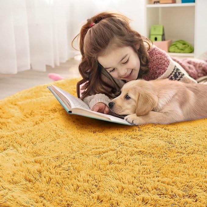 OLANLY Mustard Yellow Round Rugs for Bedroom - Machine Washable, 3 ft Circle Area Rugs for Living Room, Soft and Fluffy Shaggy Carpet for Teen Girl and Boys, Nursery Rooms, Dorms, Home Decor Aesthetic