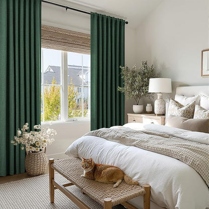 MIULEE 100% Blackout Linen Curtains for Bedroom, Christmas Emerald Green Solid Luxury Decor Thermal Insulation Room Darkening Drapes for Living Room Nursery Back Tab Rod Pocket 42 x 84 Inches 2 Panels