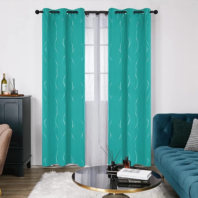 Deconovo Blackout Curtains for Bedroom, Thermal Insulated Soundproof Drapes with Wave Dot Foil Print, 42 x 95 Inch Long, Set of 2, Machine Washable Window Curtain for Living Room Office, Turquoise