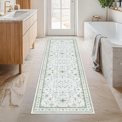 Hazo Haus Boho Bathroom Runner 2x7 - Cream Green Oushak Floral Turkish, Washable Low Pile Non Slip Stain Resistant Small Accent Rug for Kitchen, Hallway
