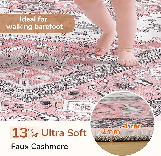 OPPODREAM Soft Area Rugs 9x12 Living Room, Washable Rugs 9x12 with Non Slip Backing, Faux Cashmere Low-Pile 9 x 12 Carpet, Pink & Cream